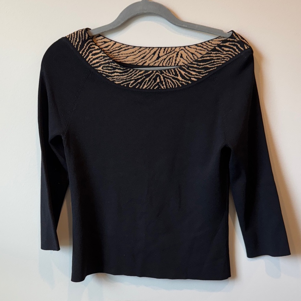 Grace Women's Black Sweater with Zebra Print Bateau Neckline